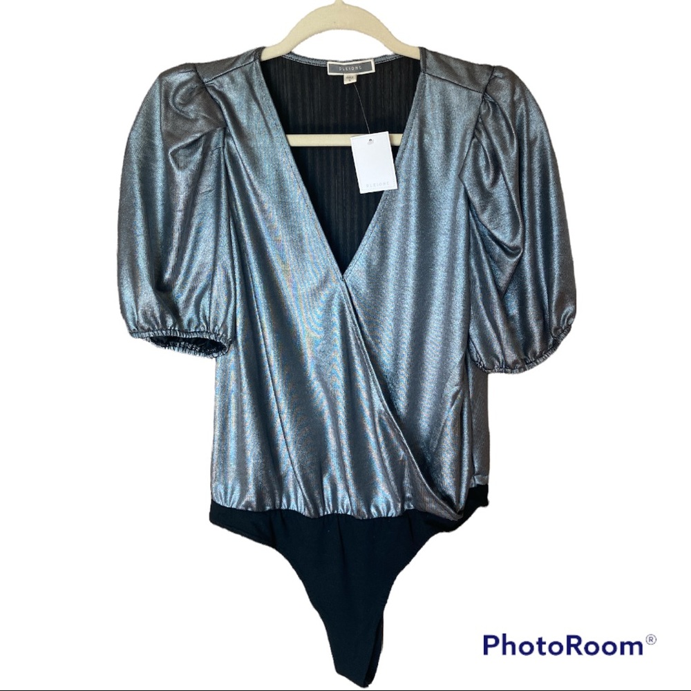 PLEIONE Metallic Silver & Black Bodysuit NWT Pouf Sleeve Large